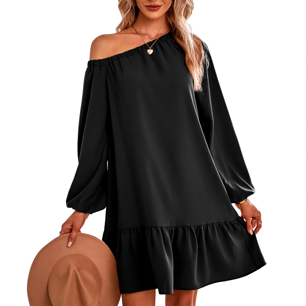 Winter Long Sleeve Off Shoulder Dress Pure Color Splicing Lace Hem Women Casual Dress for Autumn Black L