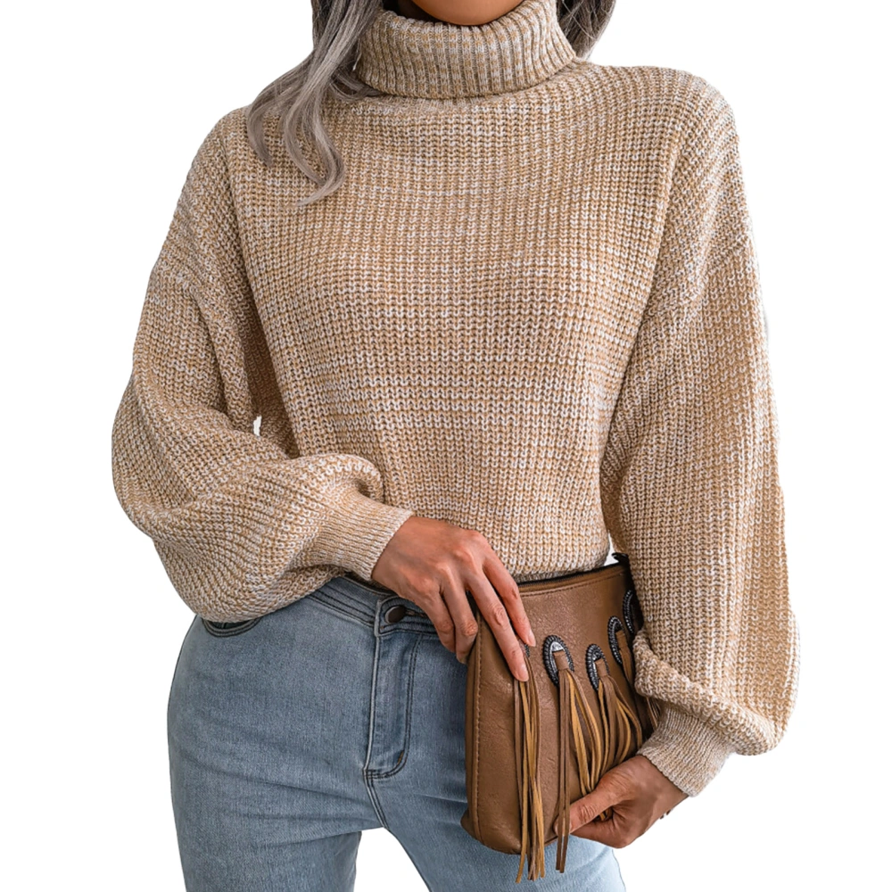 Woman Pure Color Sweater Lantern Long Sleeve High Collar Breathable Warm Keeping Female Sweater Apricot M