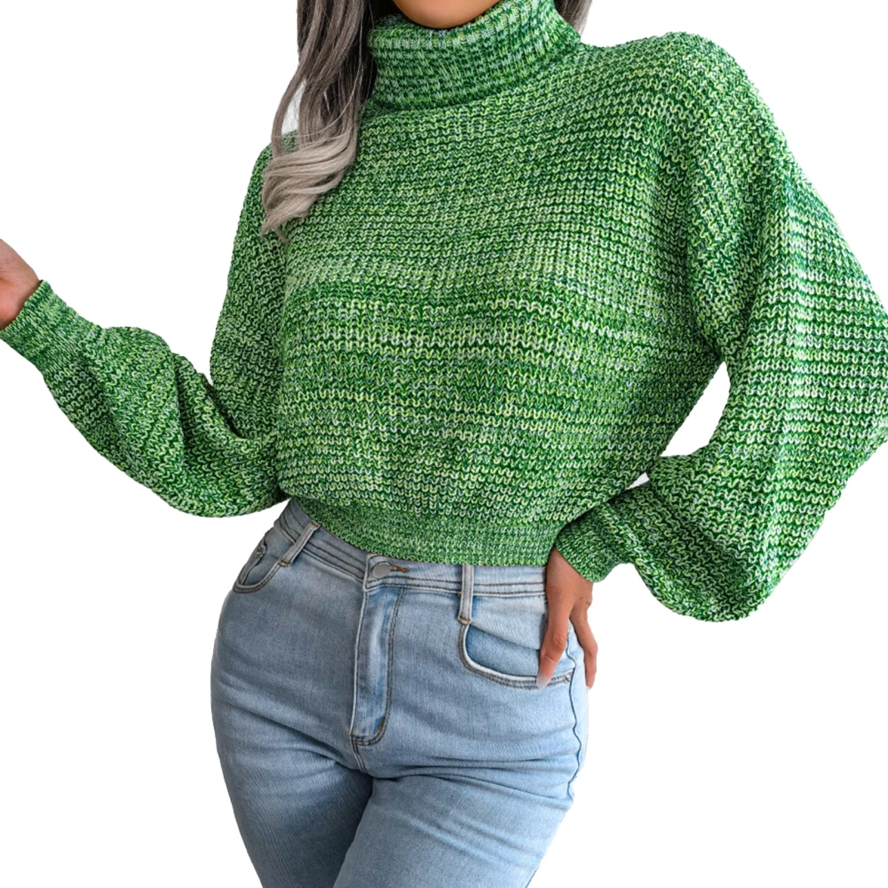 Woman Pure Color Sweater Lantern Long Sleeve High Collar Breathable Warm Keeping Female Sweater Green L