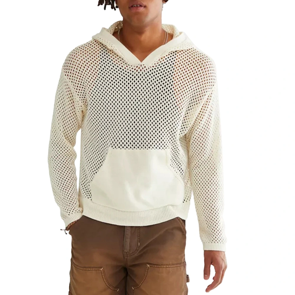 Men Hoodie Pullover White Breathable Cutout Design Casual Long Sleeve Hooded Sweatshirt Top with Pocket for Fall White XL