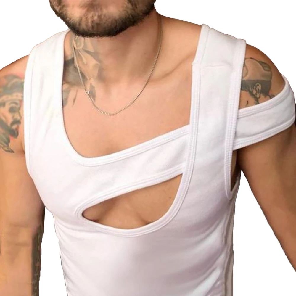 Hollow Out Men T Shirt Sleeveless Irregular Vest T Shirt Comfortable Casual Top for Men White XXL