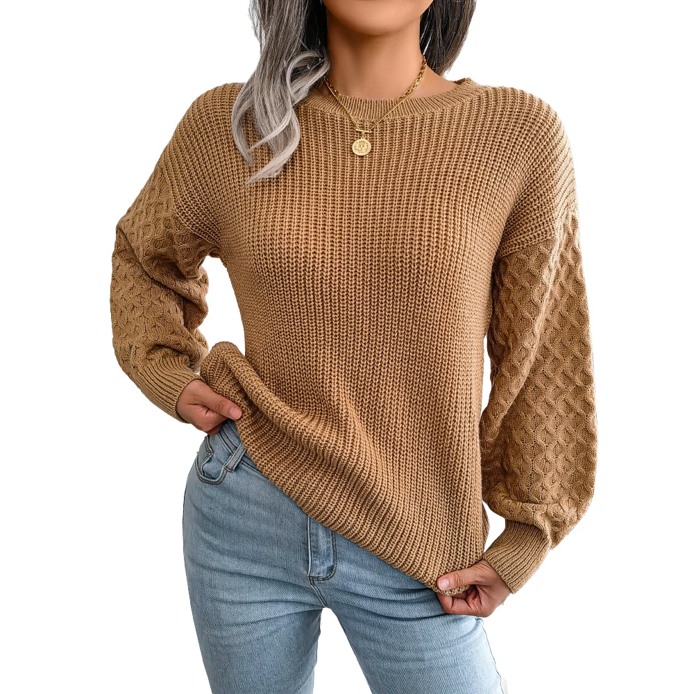 Women Knit Sweater Lantern Sleeve Round Neck Soft Breathable Loose Fit Lady Casual Top for Autumn Winter Khaki S