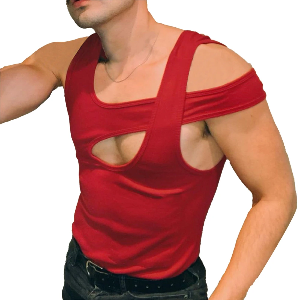 Hollow Out Men T Shirt Sleeveless Irregular Vest T Shirt Comfortable Casual Top for Men Red 3XL