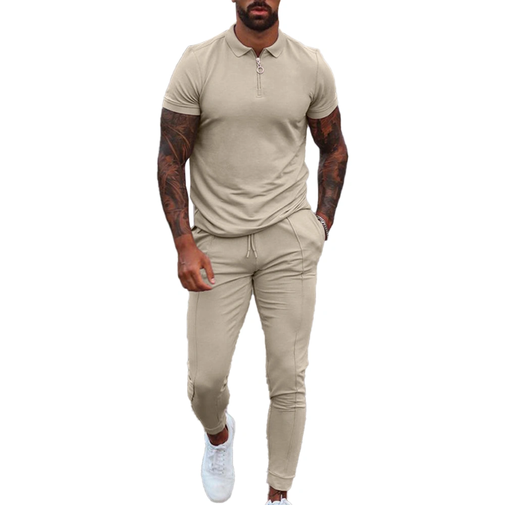 Men Leisure Suit Turn Down Collar Zipper Waistband Pure Color Short Sleeves Long Pants Sweat Suit Tracksuit Khaki XL