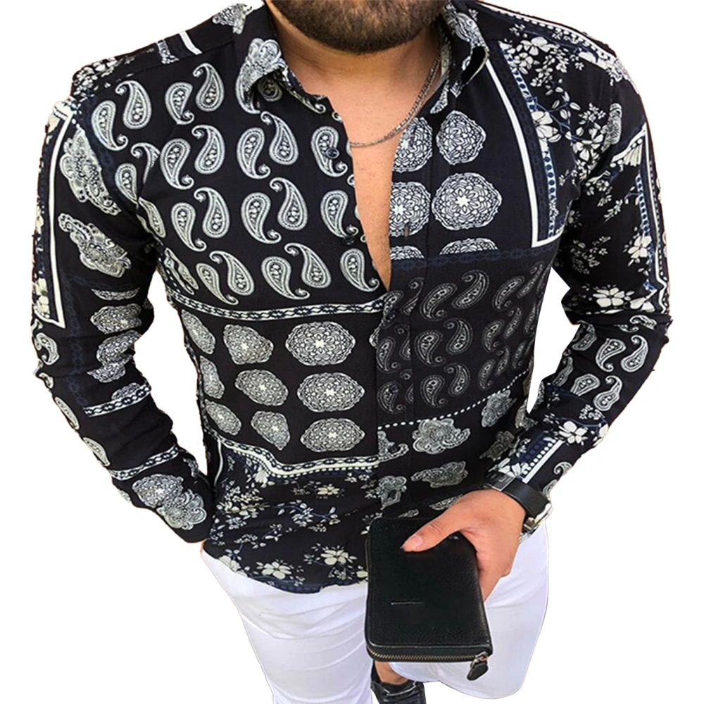 Men Button Shirt Classic Turn Down Collar Printed Long Sleeve Single Row Button Casual Top for Male Black XXL