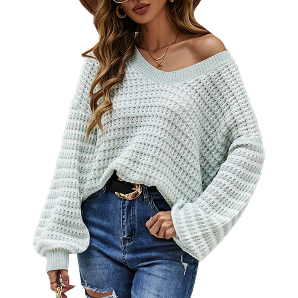 Women Striped Knit Sweater V Neck Loose Long Sleeve Cute Stripe Knit Pullover Top for Fall Winter Green M