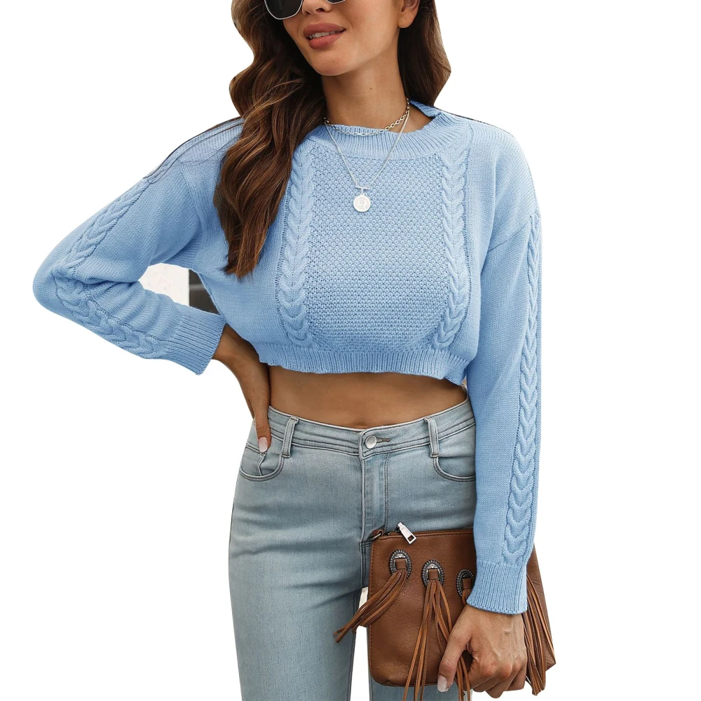 Knit Sweater Solid Color Round Neck Long Sleeves Crop Loose Comfortable Women Sweater Light Blue L