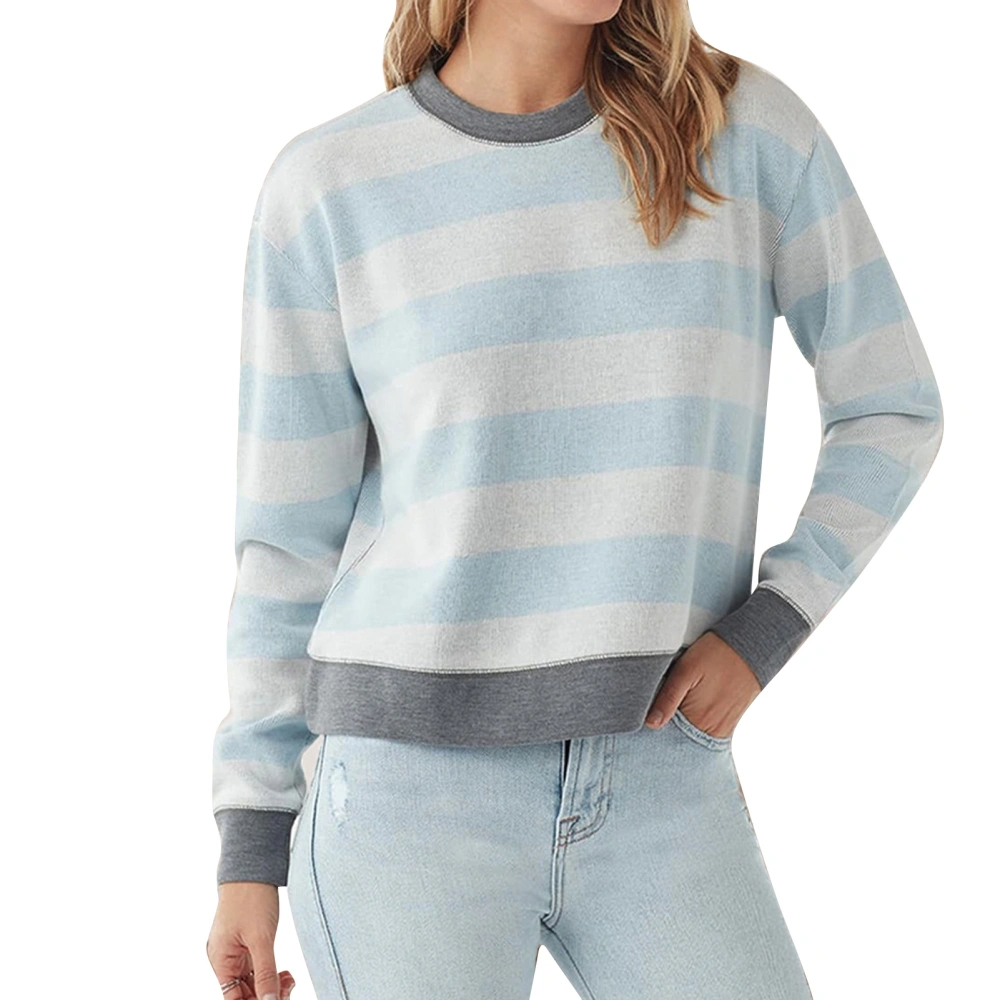 Women Striped Sweatshirt Long Sleeve Crew Neck Simple Skin Friendly Slim Autumn Pullover Tops for Home Dating Work Blue M