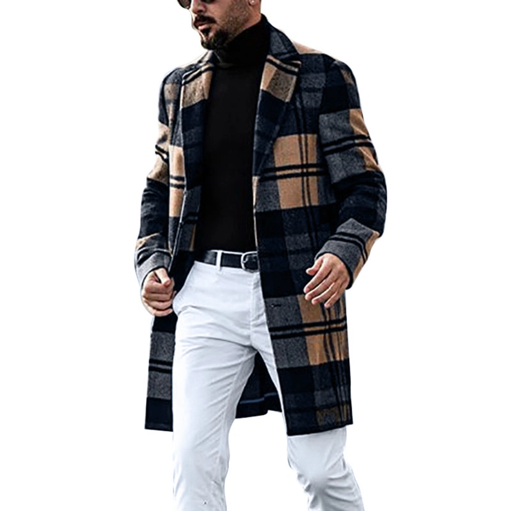 Men Coat Lapel Long Sleeve Jacket Plaid Pattern Polyester Warm for Autumn Winter Plaid Pattern XL