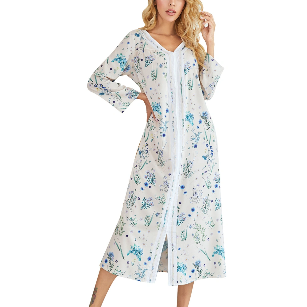 Women V Neck Long Sleeve Printed Split Nightdress Nightgown Sleepwear Loungewear Soft Comfy Sleep Dress Type 1 L