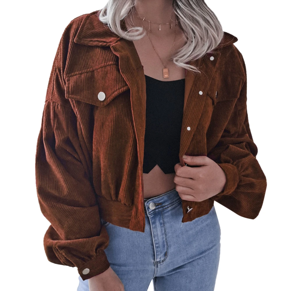 Coat Long Lantern Sleeves Cropped Solid Color Button Up Casual Corduroy Women Jacket Brown M