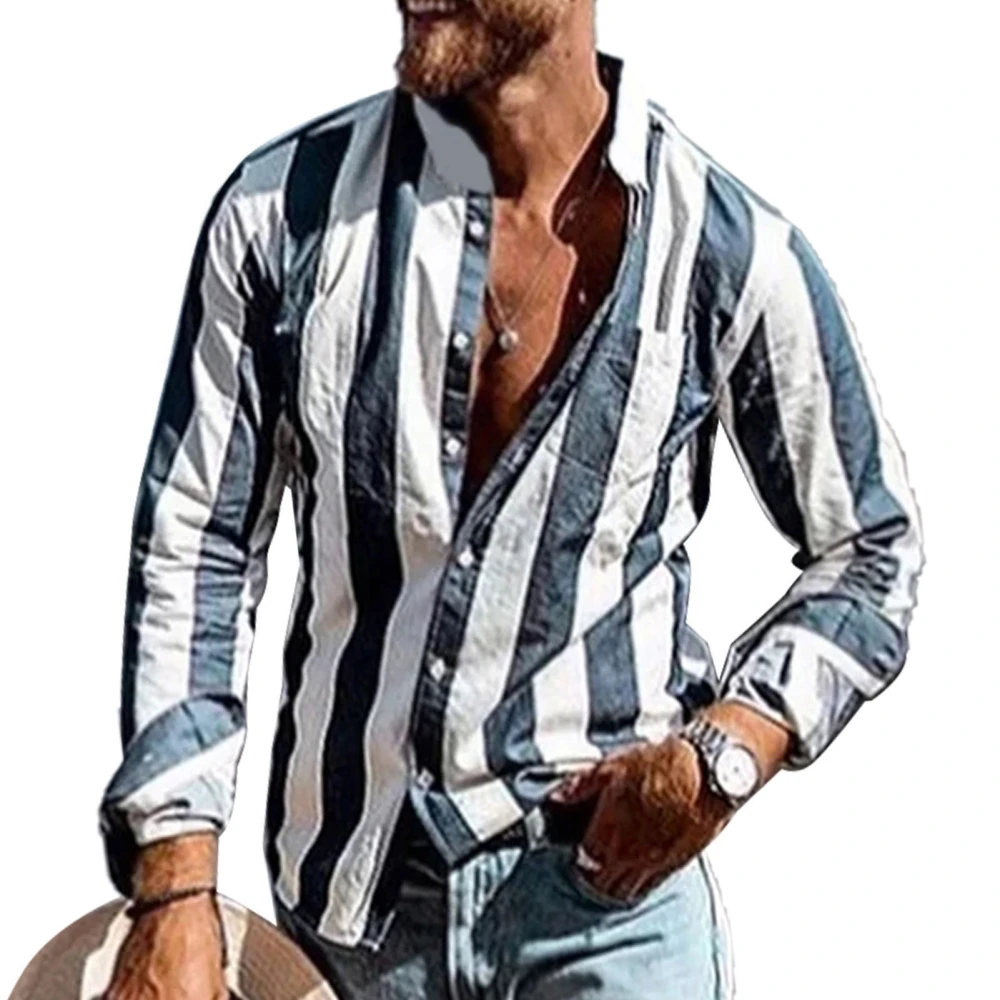 Men Long Sleeve Shirt Casual Stripe Print Single Breasted Fashionable Breathable Male Shirt for Dating Working Dark Blue S