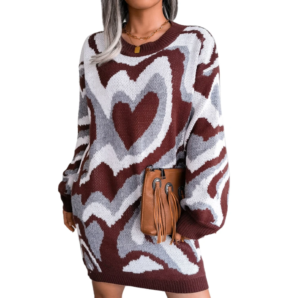 Long Sleeve Knitted Dress Acrylic Fiber Round Neck Loose Sweater Dress for Autumn and Winter Brown S