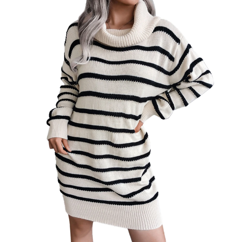 Women Knitted Dress Stripes High Collar Long Sleeve Wrap Around Sweater Dress Loose Causal for Autumn and Winter Apricot S