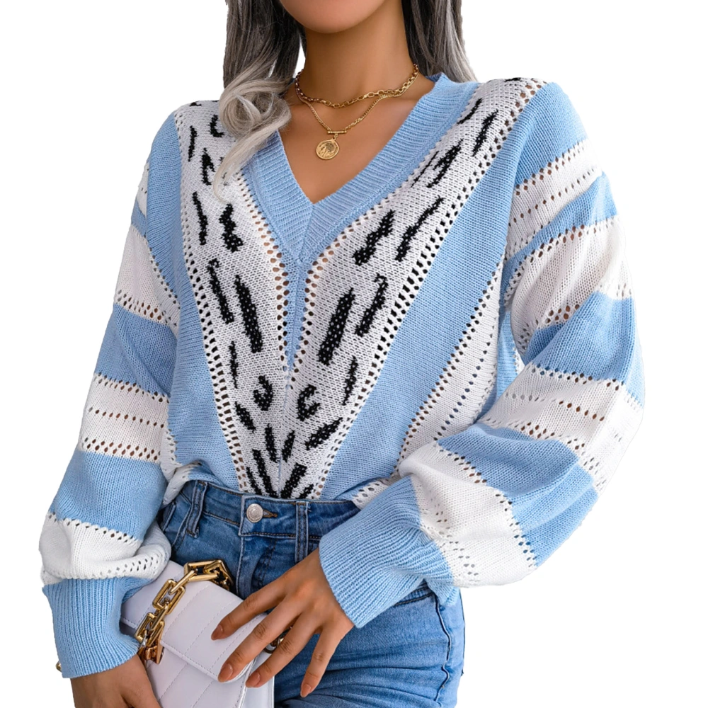 Women Sweater Long Lantern Sleeves V Neck Color Block Leopard Print Loose Fit Sweater Blue M