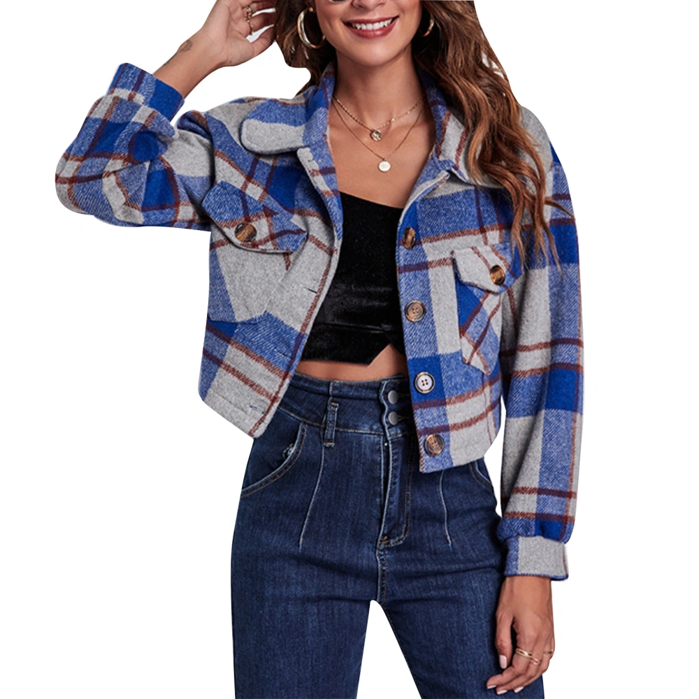 Women Plaid Cropped Jacket Lapel Collared Button Down Long Sleeve Short Shirts Jackets for Autumn Winter Blue and Gray XL