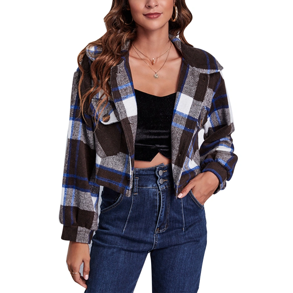 Women Plaid Cropped Jacket Lapel Collared Button Down Long Sleeve Short Shirts Jackets for Autumn Winter Brown and Blue M