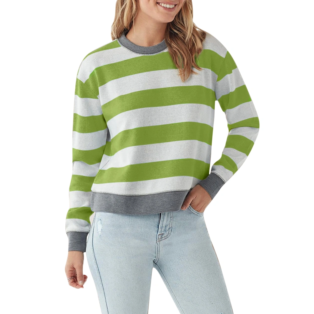 Women Striped Sweatshirt Long Sleeve Crew Neck Simple Skin Friendly Slim Autumn Pullover Tops for Home Dating Work Green S