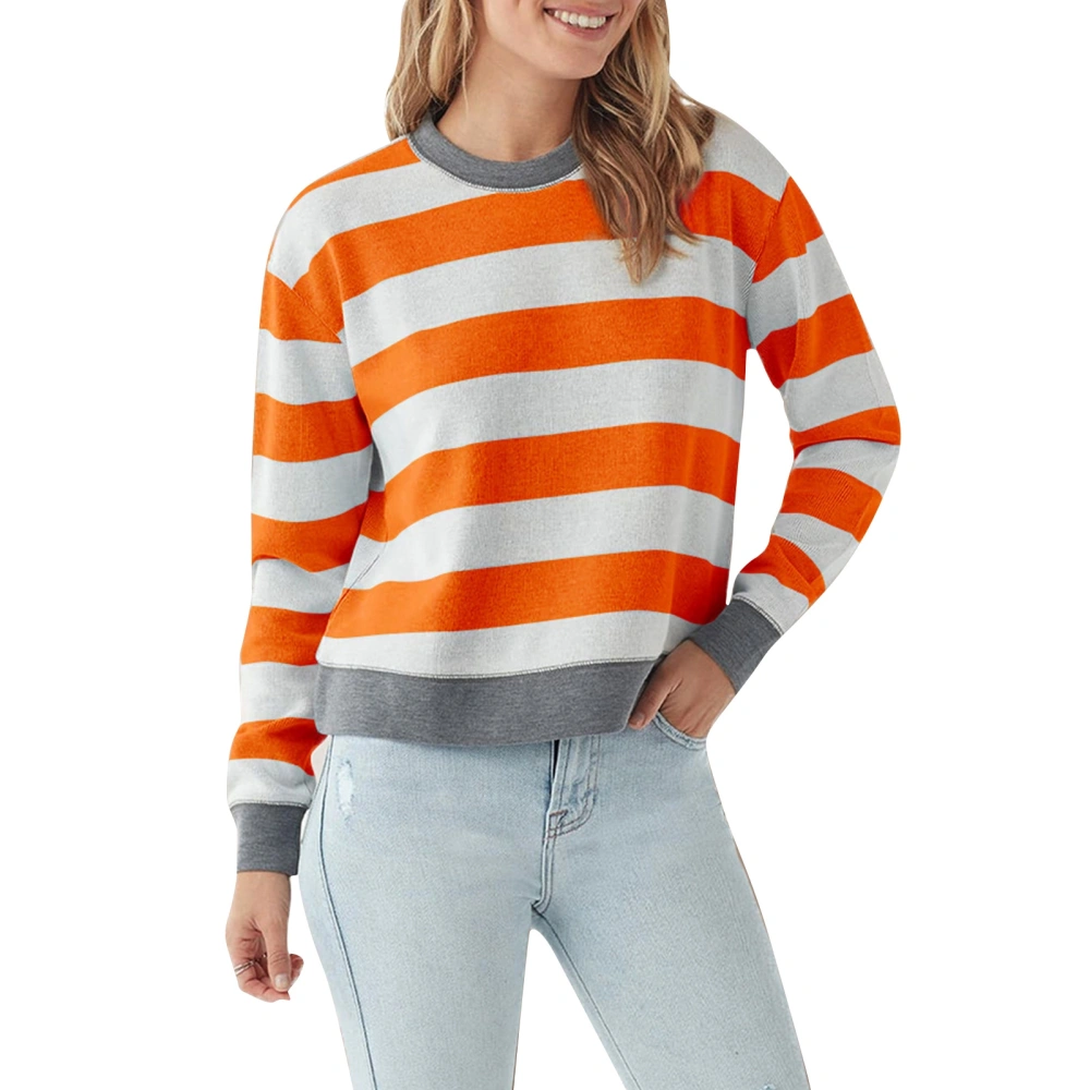 Women Striped Sweatshirt Long Sleeve Crew Neck Simple Skin Friendly Slim Autumn Pullover Tops for Home Dating Work Orange M