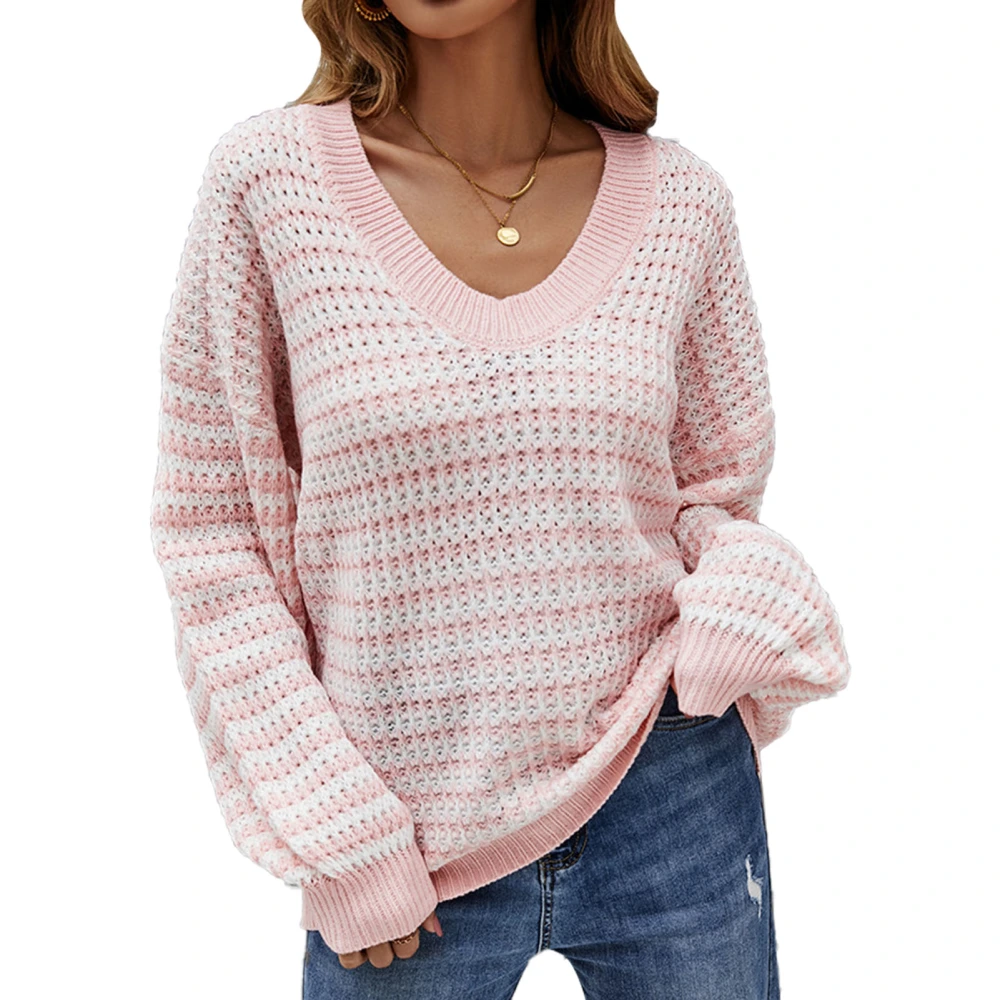 Women Striped Knit Sweater V Neck Loose Long Sleeve Cute Stripe Knit Pullover Top for Fall Winter Pink S