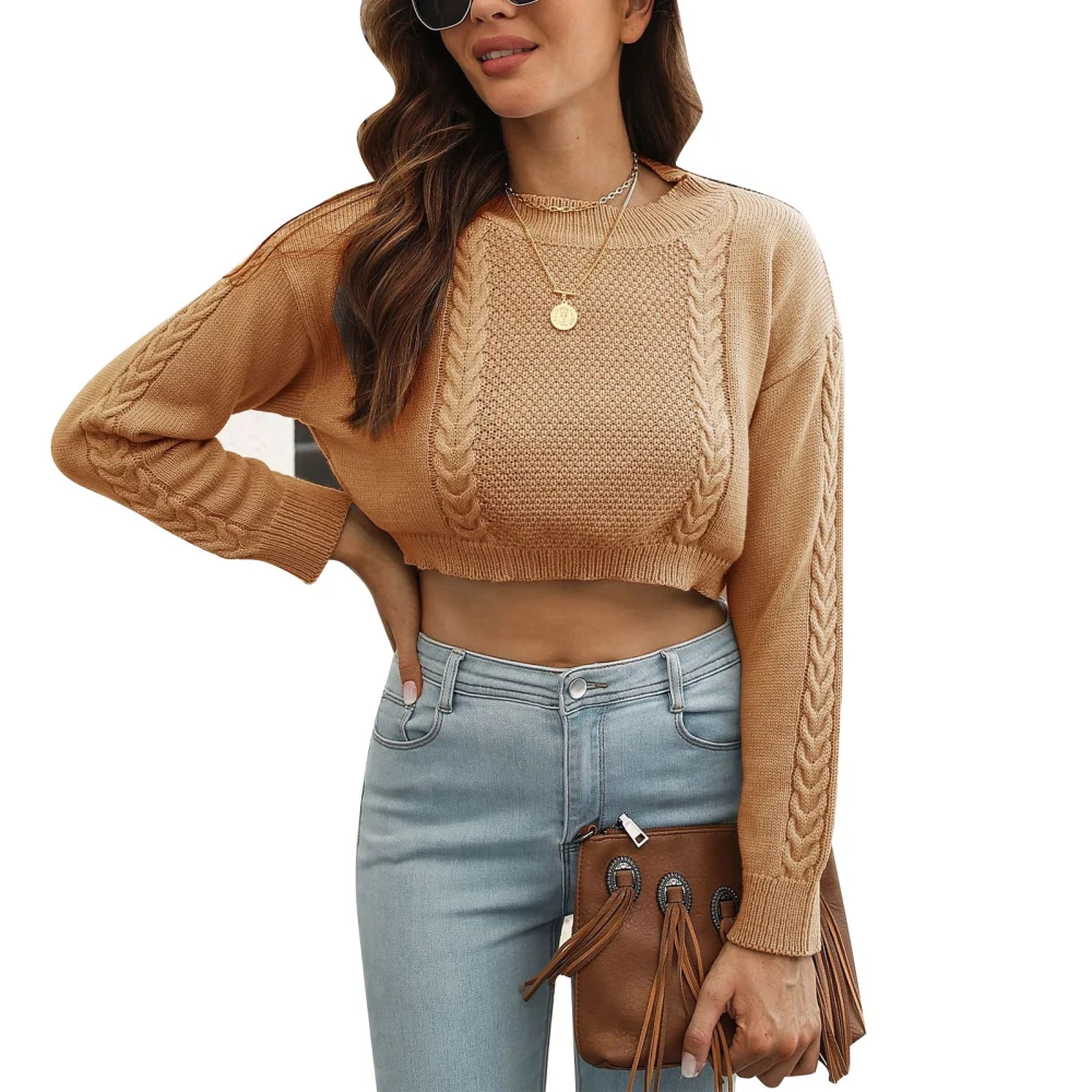 Knit Sweater Solid Color Round Neck Long Sleeves Crop Loose Comfortable Women Sweater Yellow L