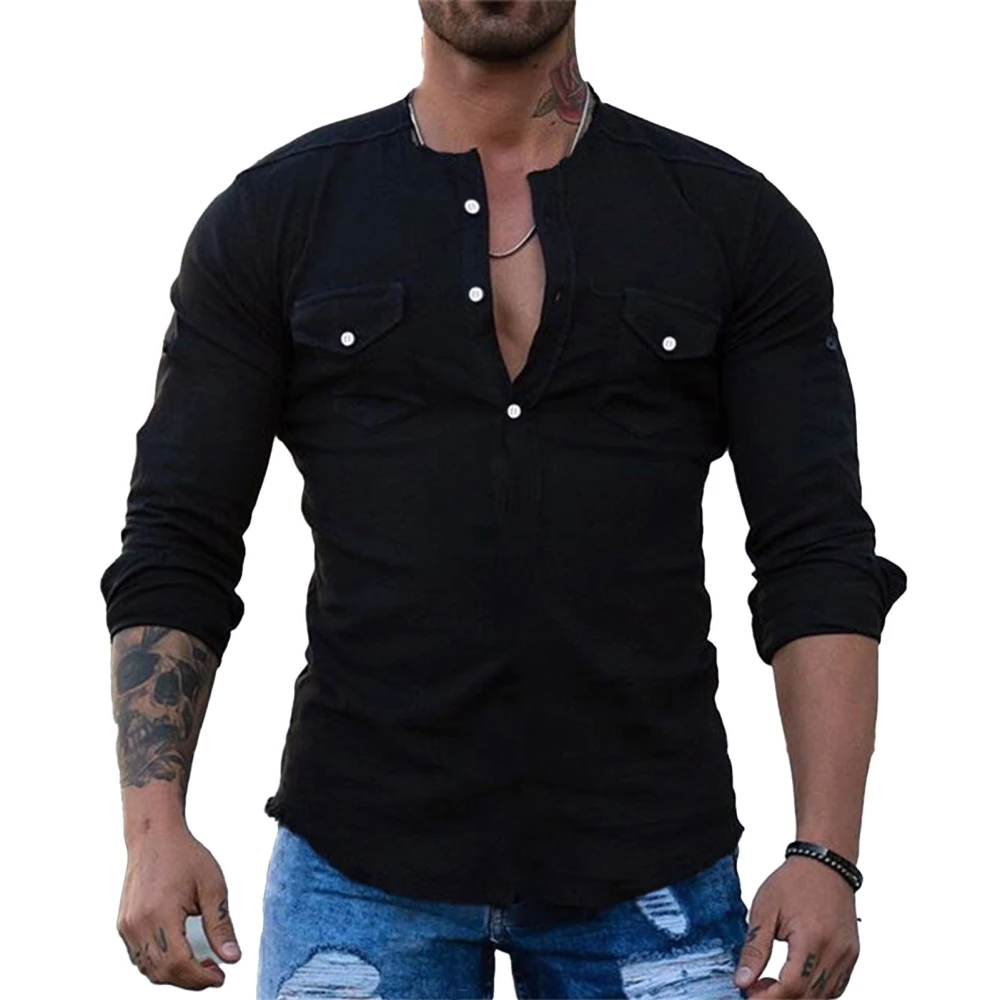 Shirt Solid Color Long Sleeves Button Slim Stylish Soft Comfortable Casual Men Top Black XXL