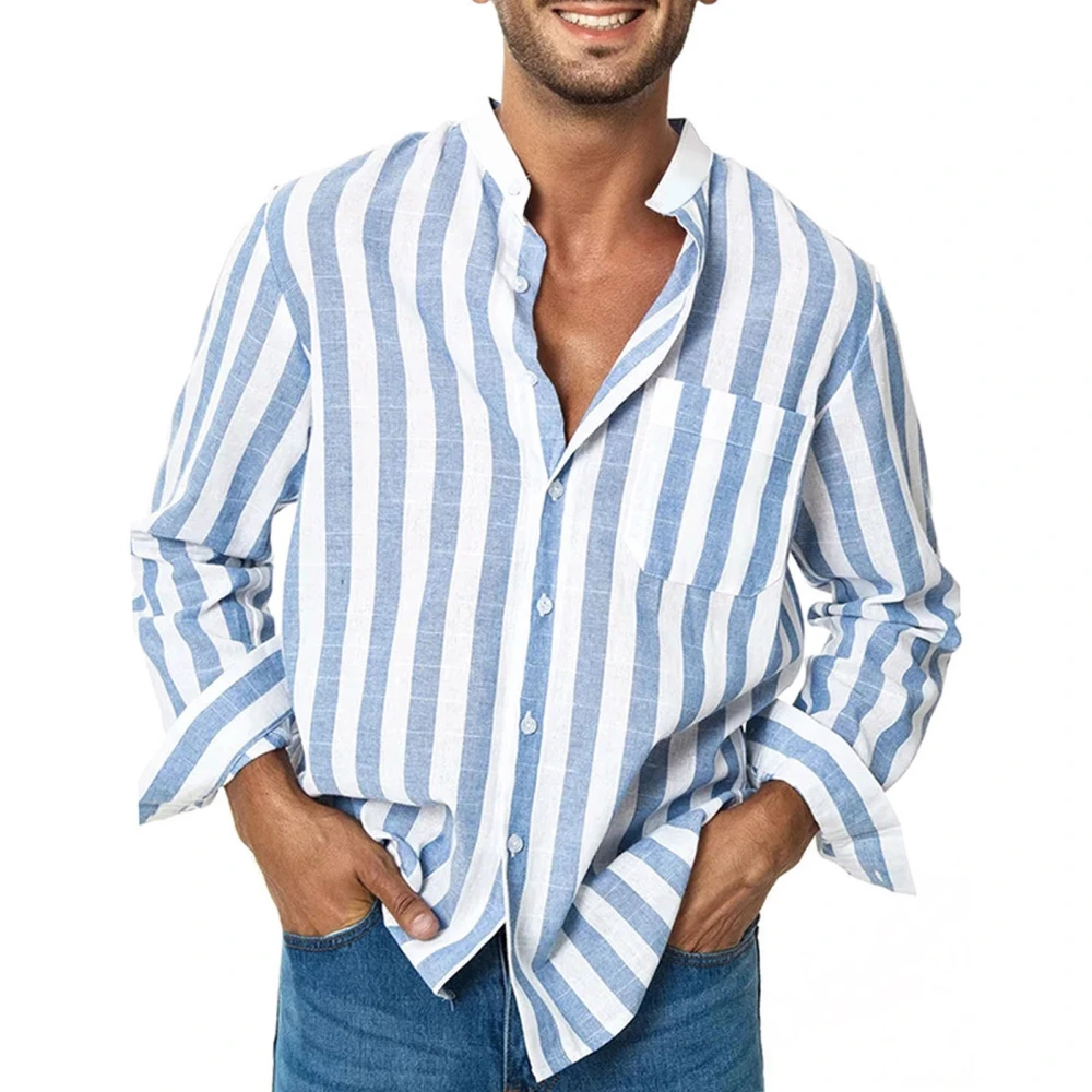 Men Long Sleeve Shirt Casual Stripe Print Single Breasted Fashionable Breathable Male Shirt for Dating Working Light Blue XL