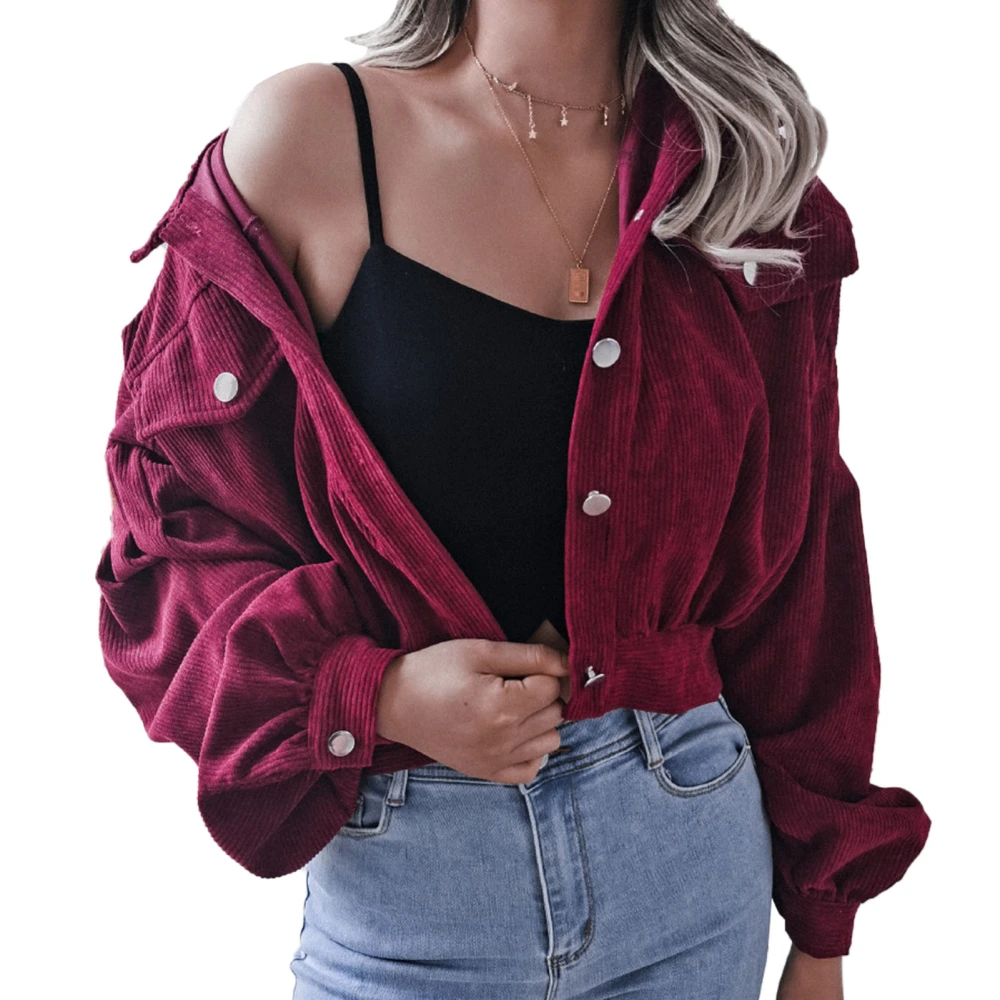 Coat Long Lantern Sleeves Cropped Solid Color Button Up Casual Corduroy Women Jacket Wine Red S