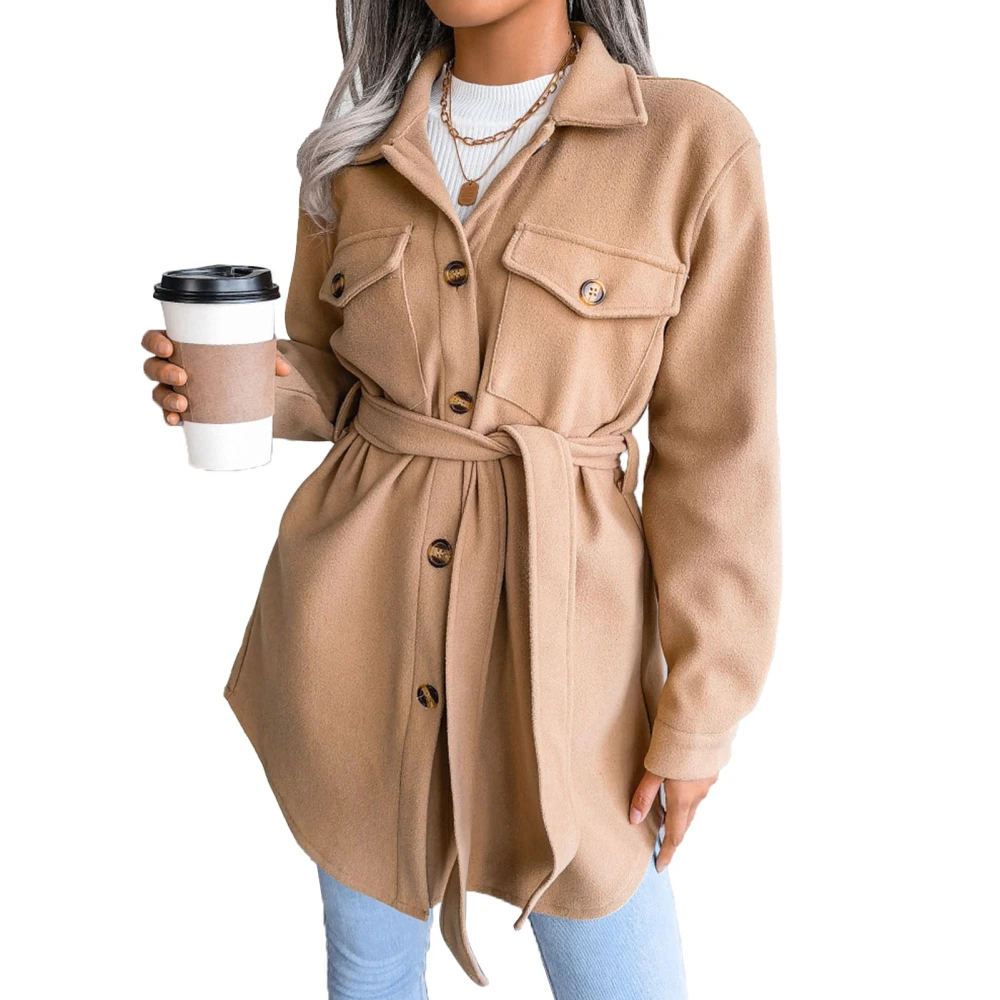 Women Coat Belted Turn Down Collar Long Sleeve Single Row Button Top with Pockets for Winter Autumn Khaki L