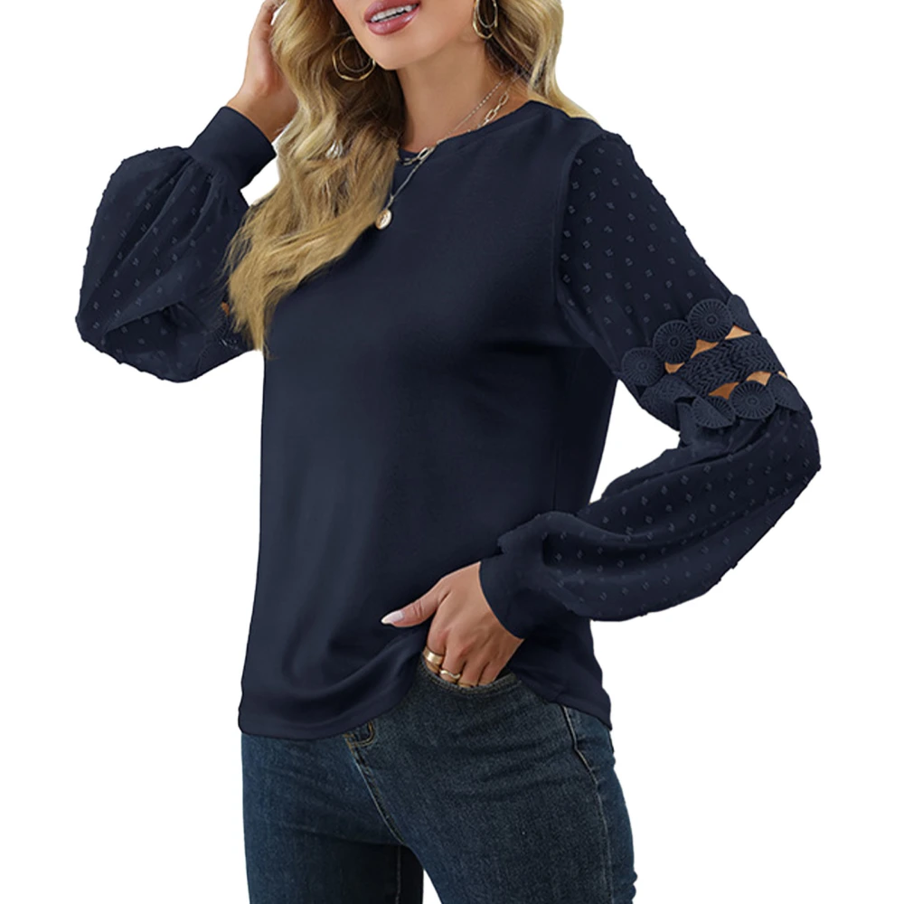 Women Long Sleeve Shirt Lantern Long Sleeve Crewneck Mesh Splicing Loose Top for Lady Navy Blue XXL