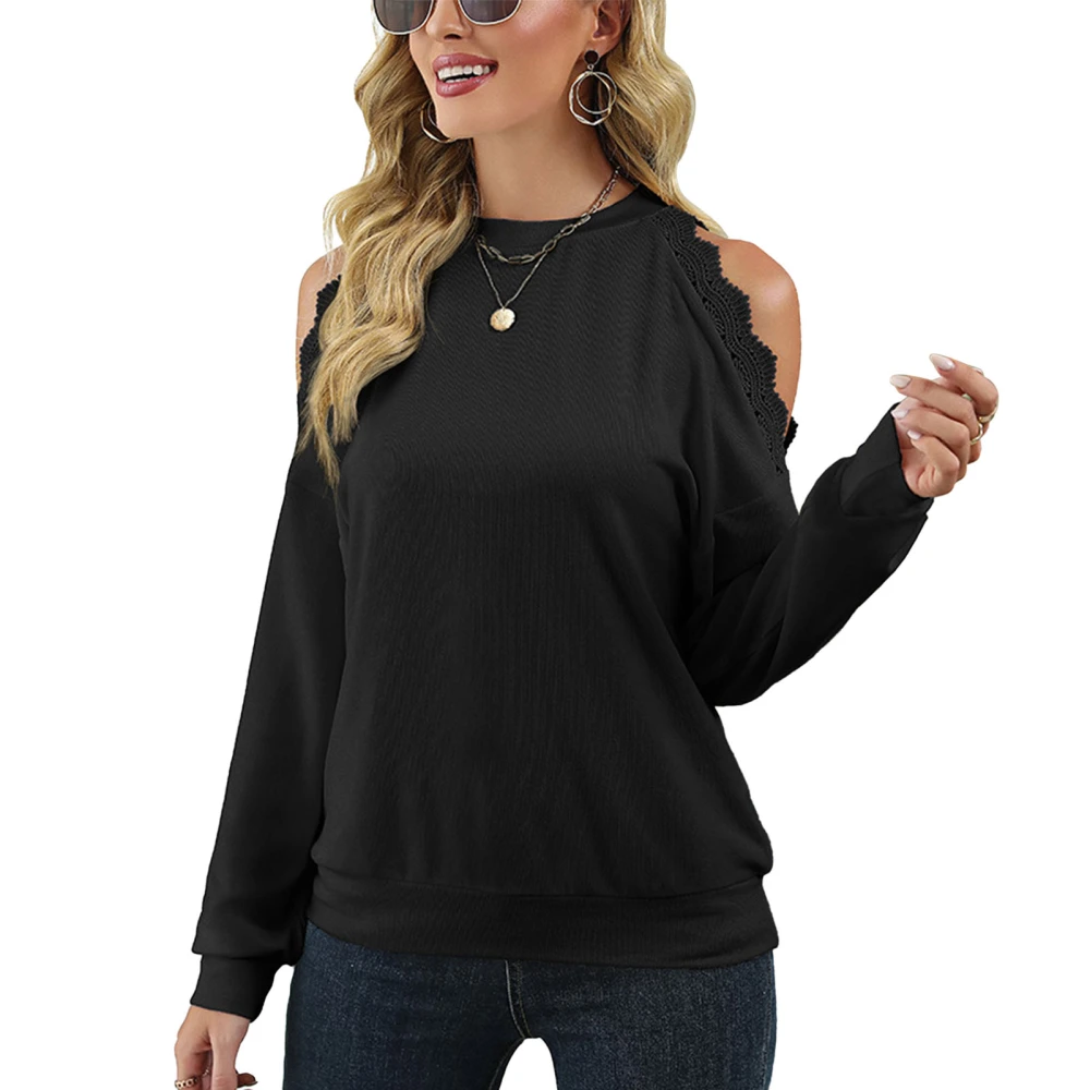 Women Blouse Off Shoulder Crewneck Long Sleeves Shirt Lace Design Pure Colour for Home Black S