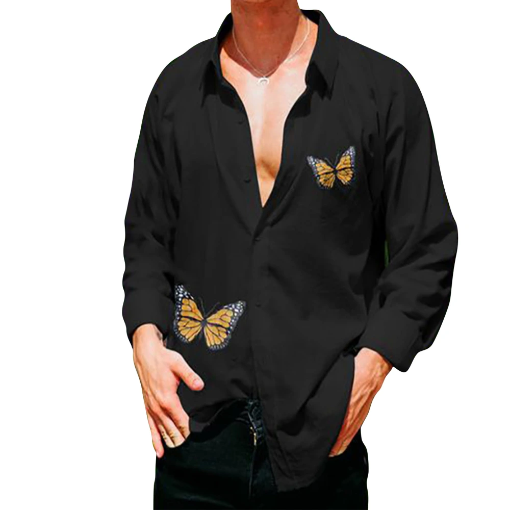 Men Shirt Blouse Long Sleeve Button Down Butterfly Print Spring Autumn Casual Men Lapel Shirt for Work Daily Party Black 3XL