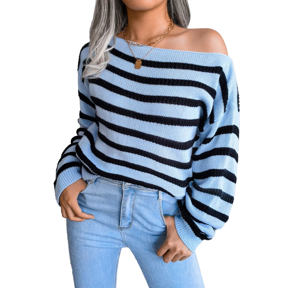 Women Autumn Striped Top Long Sleeve Off Shoulder Loose Fit Soft Pullover Sweater Blue L