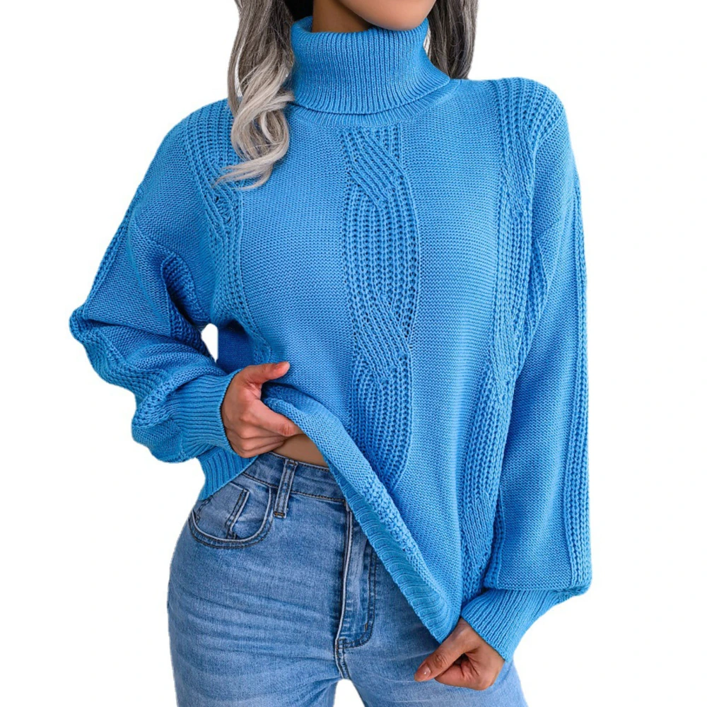 Women Sweater Turtleneck Lantern Long Sleeve Fashionable Casual Fit Sweater for Lady Blue L