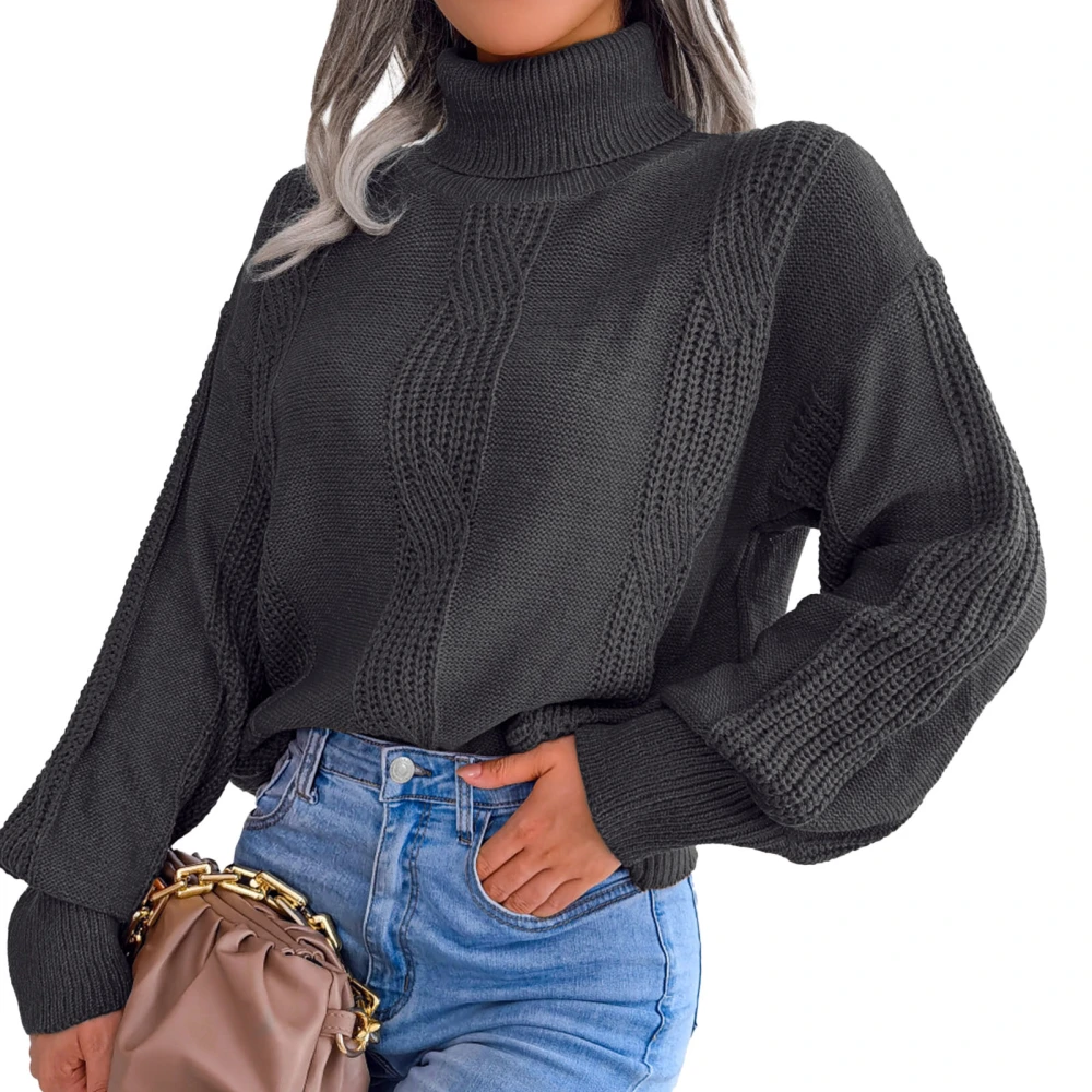 Women Sweater Turtleneck Lantern Long Sleeve Fashionable Casual Fit Sweater for Lady Black M