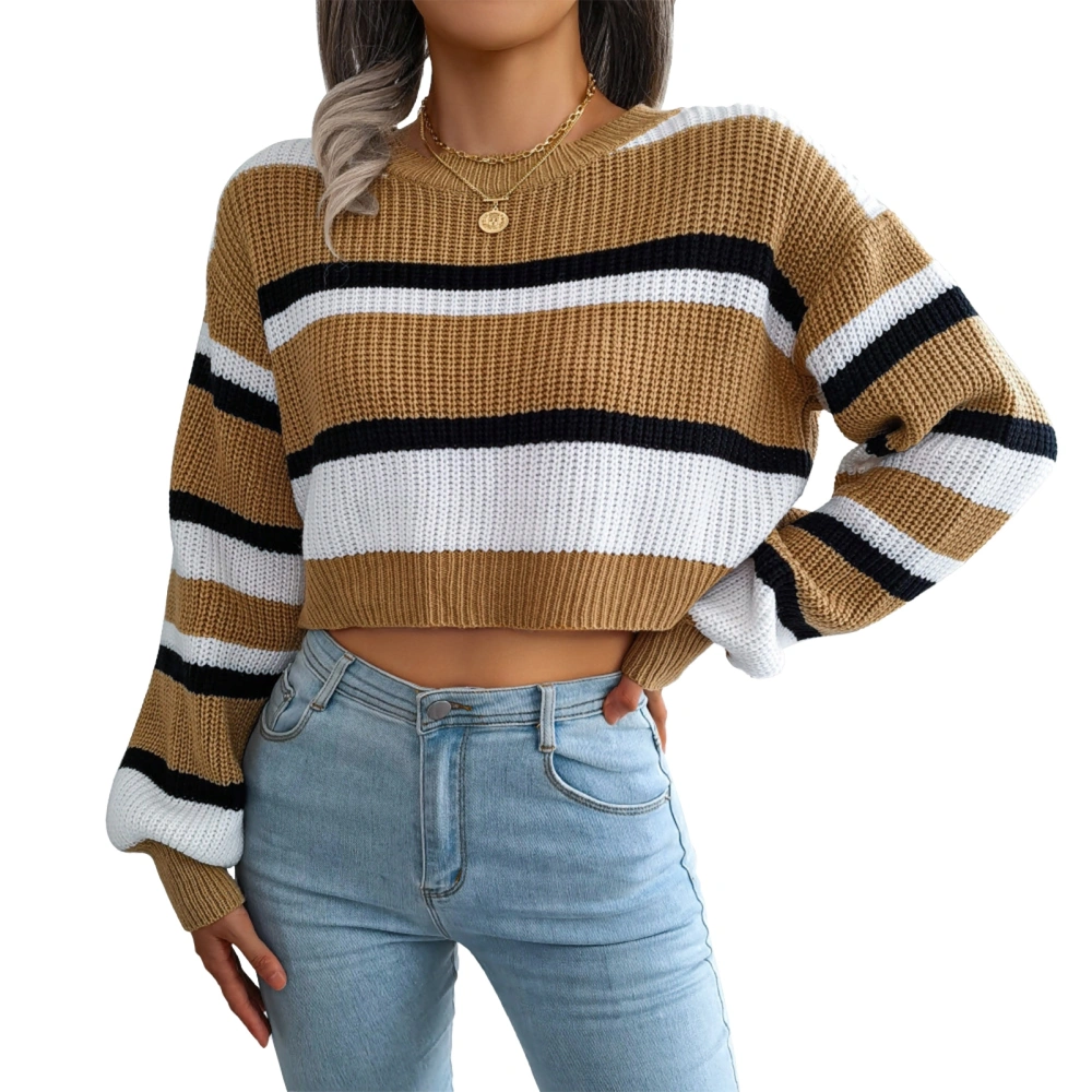 Women Tops Long Sleeved Short Polyester Fiber Knitted Striped Blouse for Autumn and Winter Khaki S