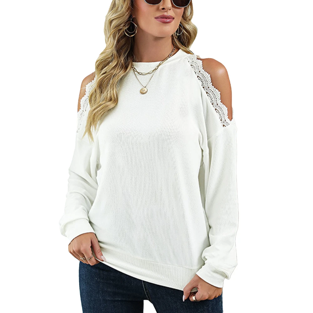 Women Blouse Off Shoulder Crewneck Long Sleeves Shirt Lace Design Pure Colour for Home White XXL