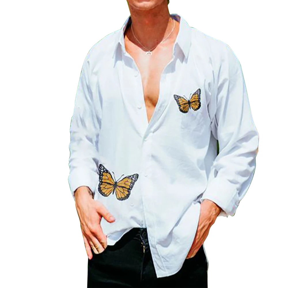 Men Shirt Blouse Long Sleeve Button Down Butterfly Print Spring Autumn Casual Men Lapel Shirt for Work Daily Party White XL