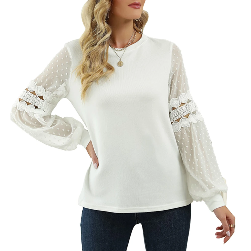 Women Long Sleeve Shirt Lantern Long Sleeve Crewneck Mesh Splicing Loose Top for Lady White XXL