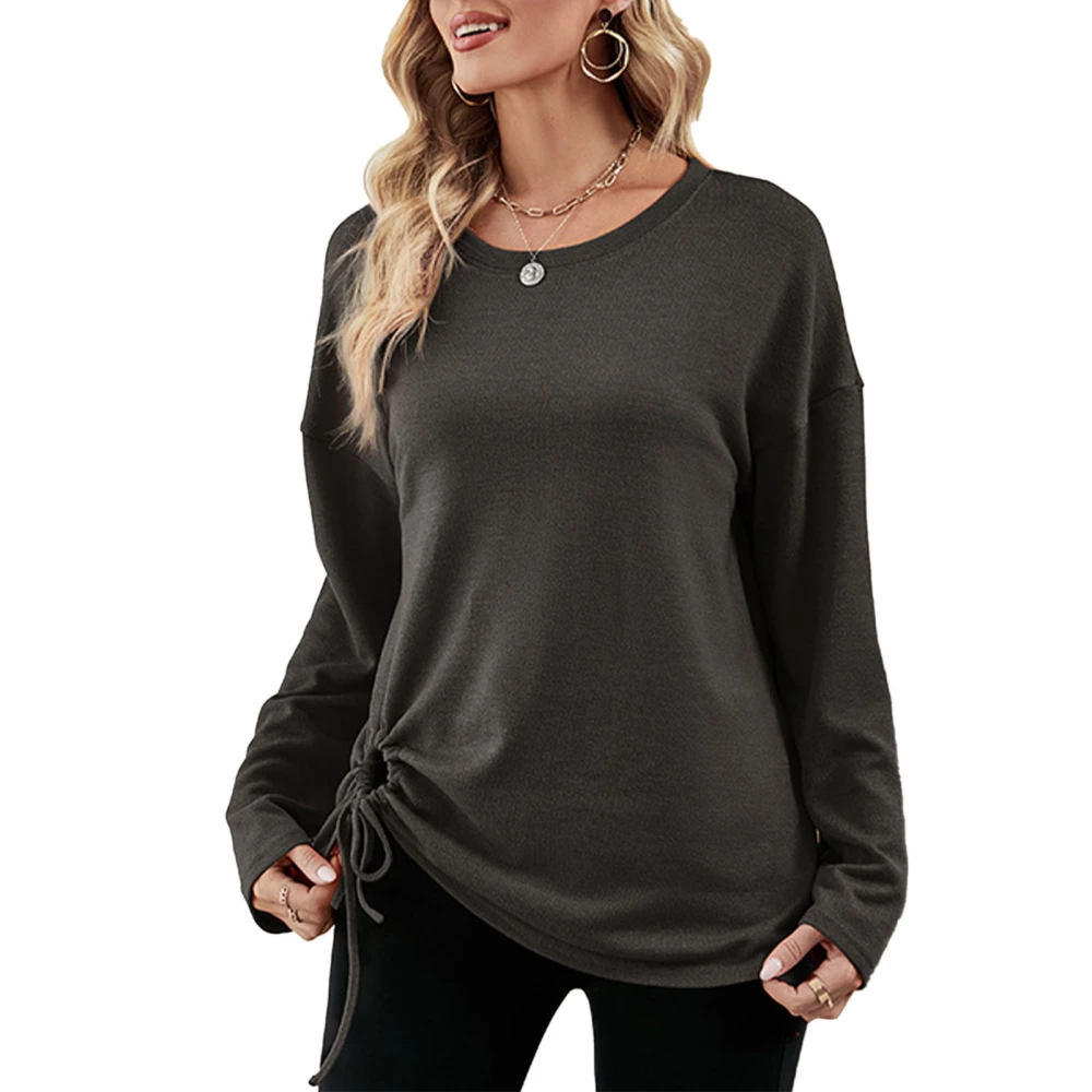 Women Long Sleeve Top with Drawstring Irregular Hem Crew Neck T Shirt for Autumn and Winter Grey XXL