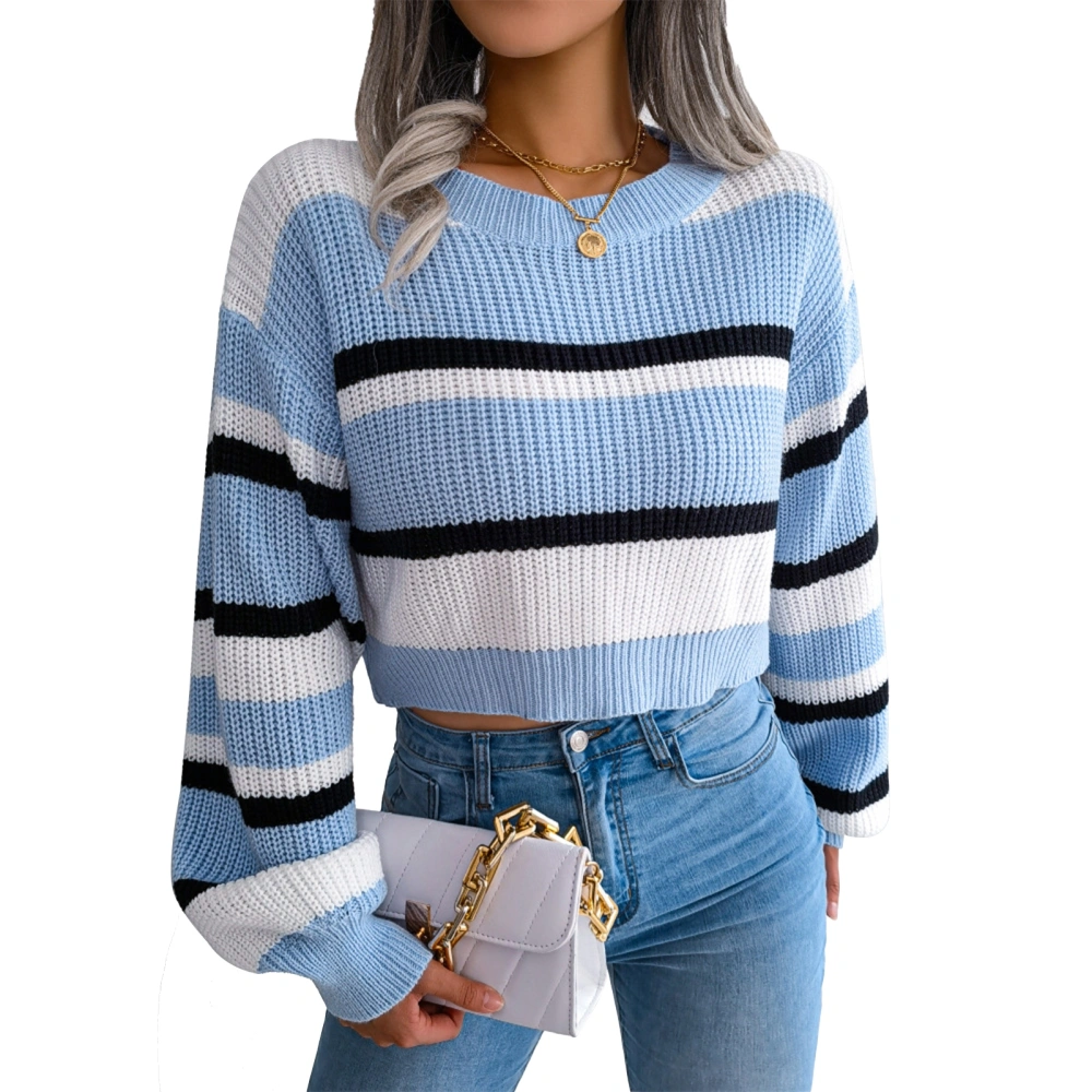 Women Tops Long Sleeved Short Polyester Fiber Knitted Striped Blouse for Autumn and Winter Blue M