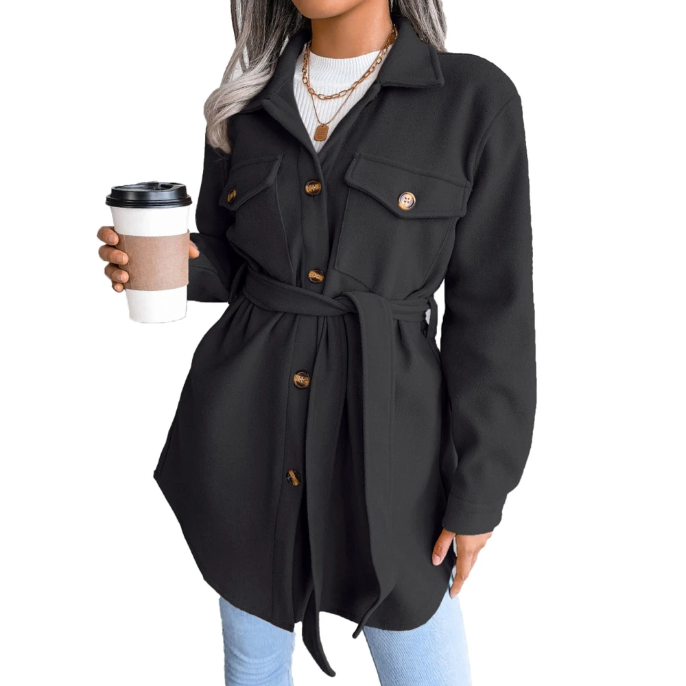 Women Coat Belted Turn Down Collar Long Sleeve Single Row Button Top with Pockets for Winter Autumn Black M