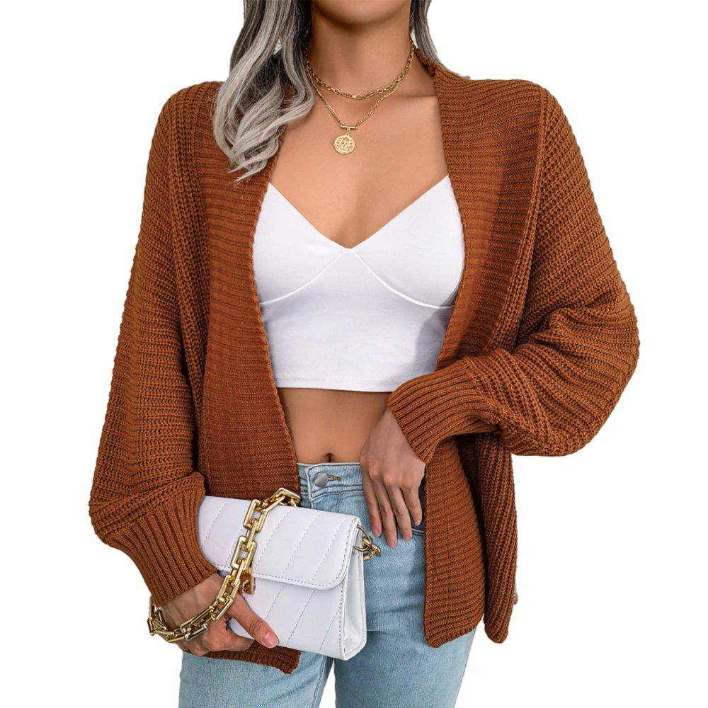 Women Cardigan Sweater Batwing Long Sleeve Open Front Crochet Knitwear Pure Colour Brown S