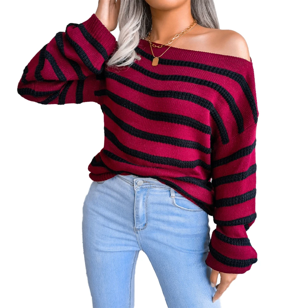 Women Autumn Striped Top Long Sleeve Off Shoulder Loose Fit Soft Pullover Sweater Red S