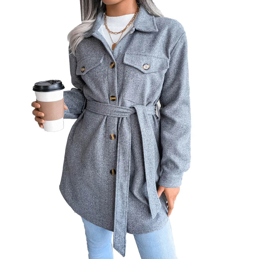 Women Coat Belted Turn Down Collar Long Sleeve Single Row Button Top with Pockets for Winter Autumn Grey M