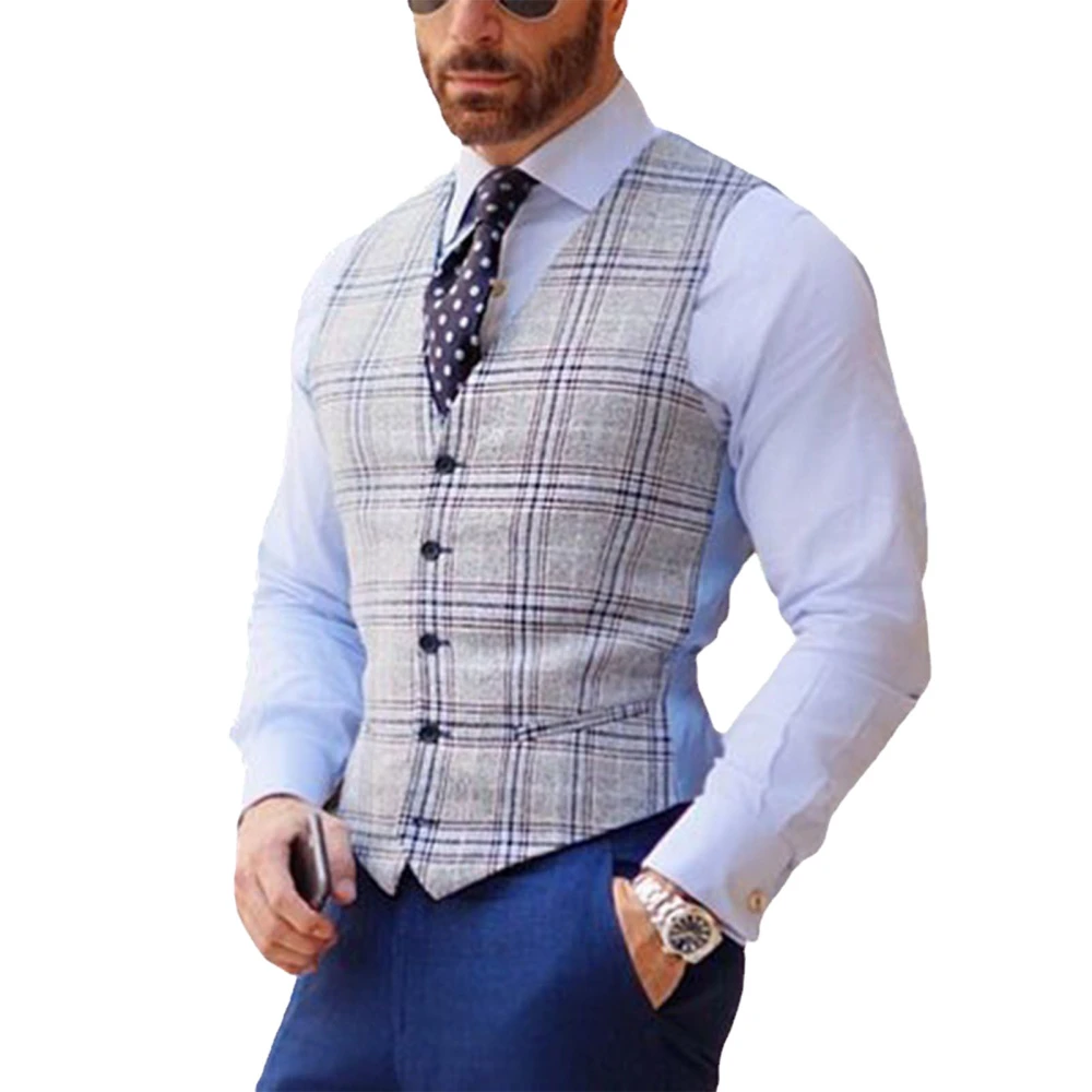 Mens Casual Suit Vest with Plaid Pattern Slim Fit V Neck Single Breasted Formal Wear Waistcoat Plaid Pattern XXL