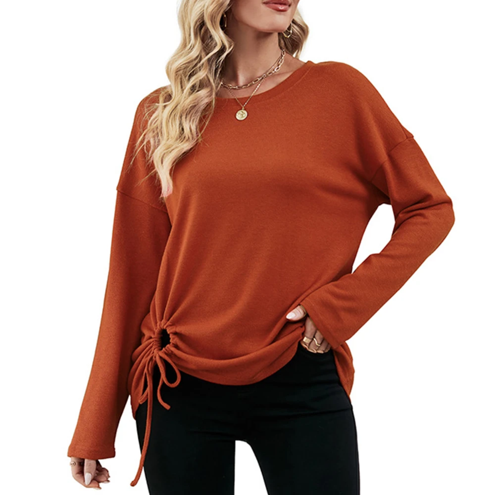 Women Long Sleeve Top with Drawstring Irregular Hem Crew Neck T Shirt for Autumn and Winter Orange XXL