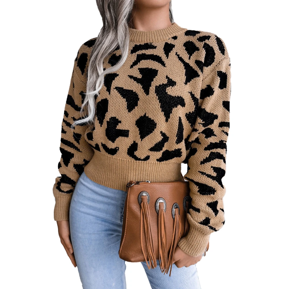 Women Lady Sweater Leopard Print Long Sleeve Round Neck Sweater for Winter Autumn Khaki L