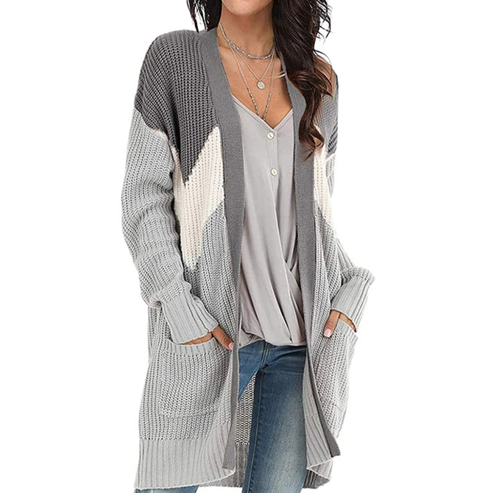 Woman Long Sleeve Knitted Sweater Cardigan Color Block Open Front Casual Outwear Gray XL