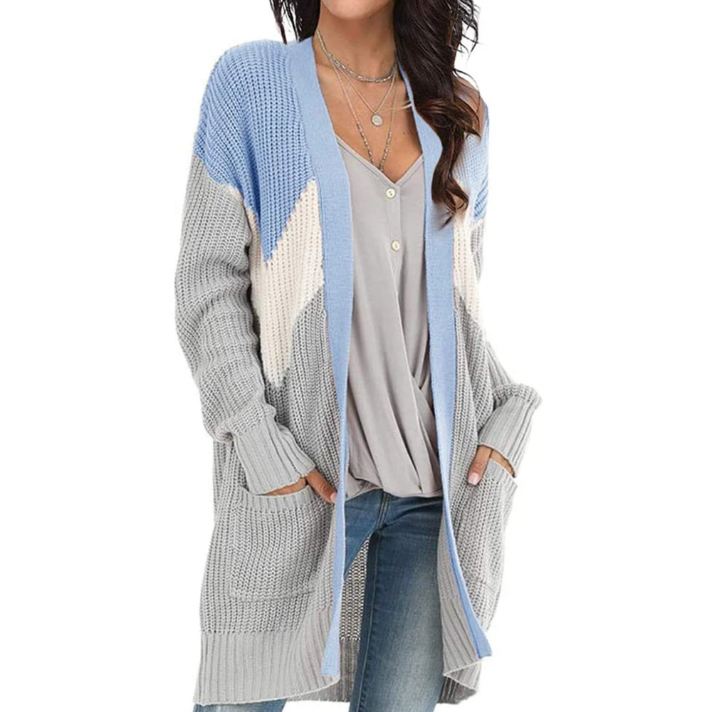 Woman Long Sleeve Knitted Sweater Cardigan Color Block Open Front Casual Outwear Blue S